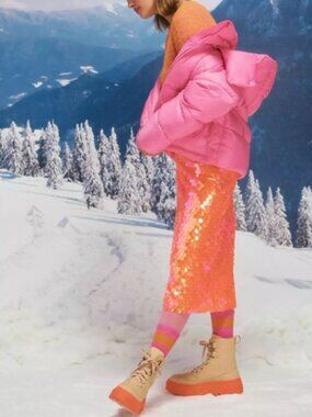 Anthropologie Neon Orange Paillette Sequin Midi Skirt NWT 0 P Party Statement